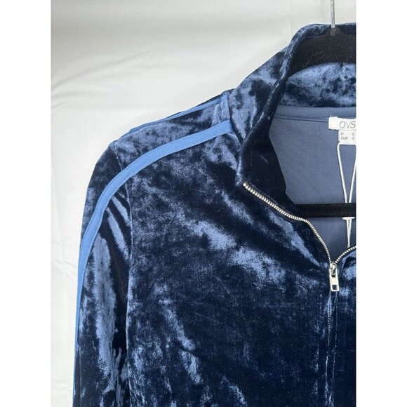 Women Blue Long Sleeve Crushed Velour Zip Up Jacket Hoodie Size Small - Picture 5 of 9